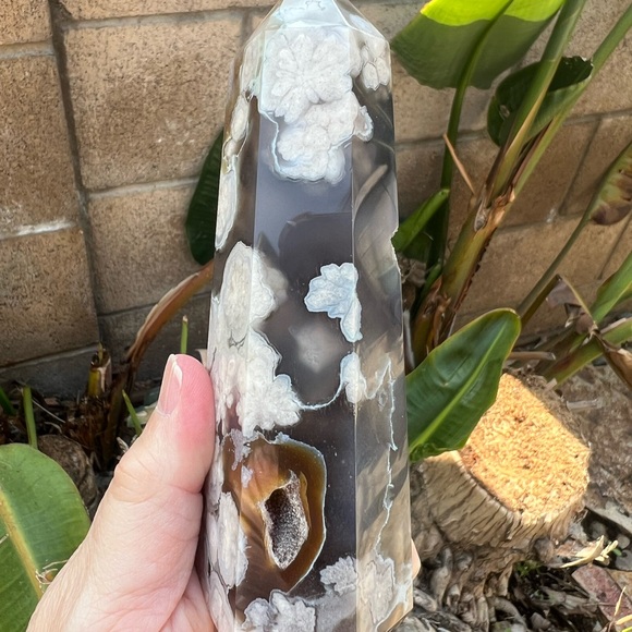 Black Flower Agate Druzy Tower with Carnelian - Picture 9 of 11